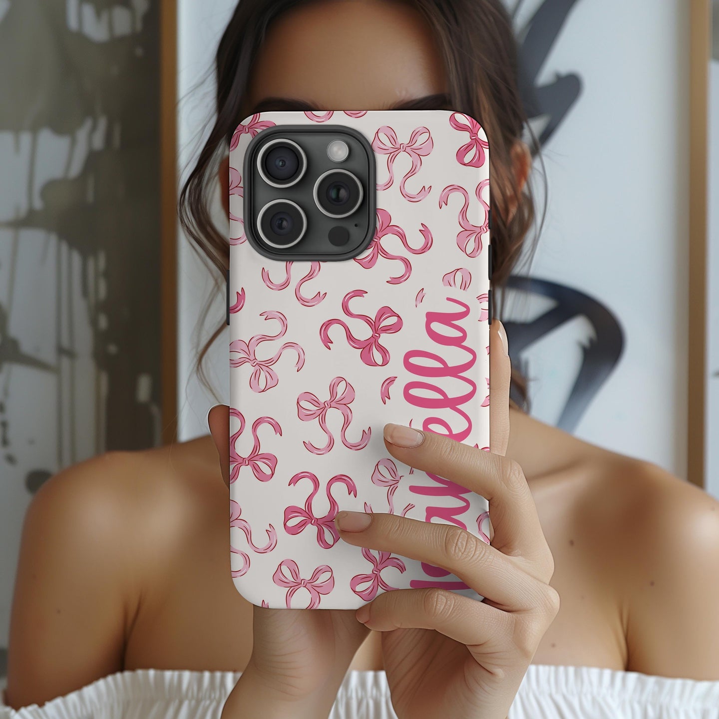 Custom Pink Bow phone case iphone 16, 15, 14, 13 Pro Max, MAGSAFE tough Iphone case coquette, preppy personalized phone case trendy girly